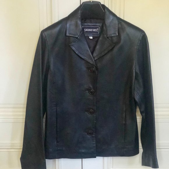 SAGUARO WEST Soft Black Leather Biker Blazer Button Front Lined Jacket Sz M - Picture 1 of 12